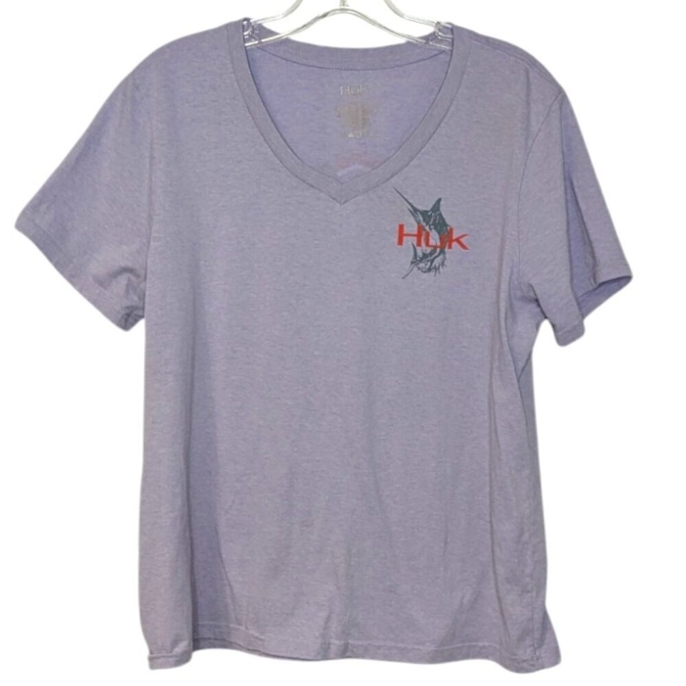 Huk Fishing Graphic T-shirt Purple V-Neck Short Sleeve SZ L